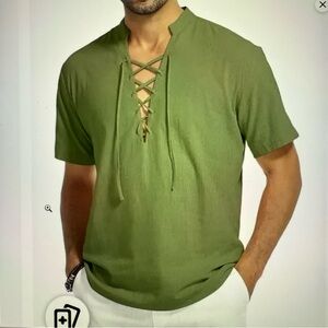 New Kuyigo pirate Henley cotton linen top men’s size L shirt lace up green